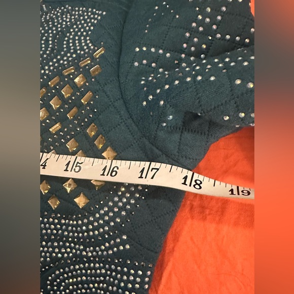 XTaren Teal Green Long Sleeve Quilted Dress Gold and Silver Stones Size Large - Picture 13 of 16